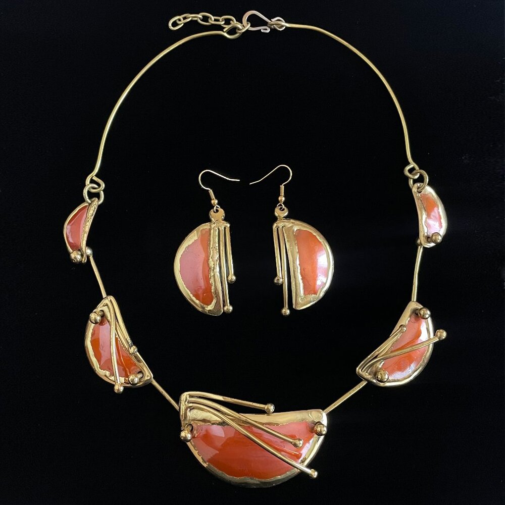 Copper & Brass Artisan Made Modernist Statement Necklace & Earrings Jewelry Set